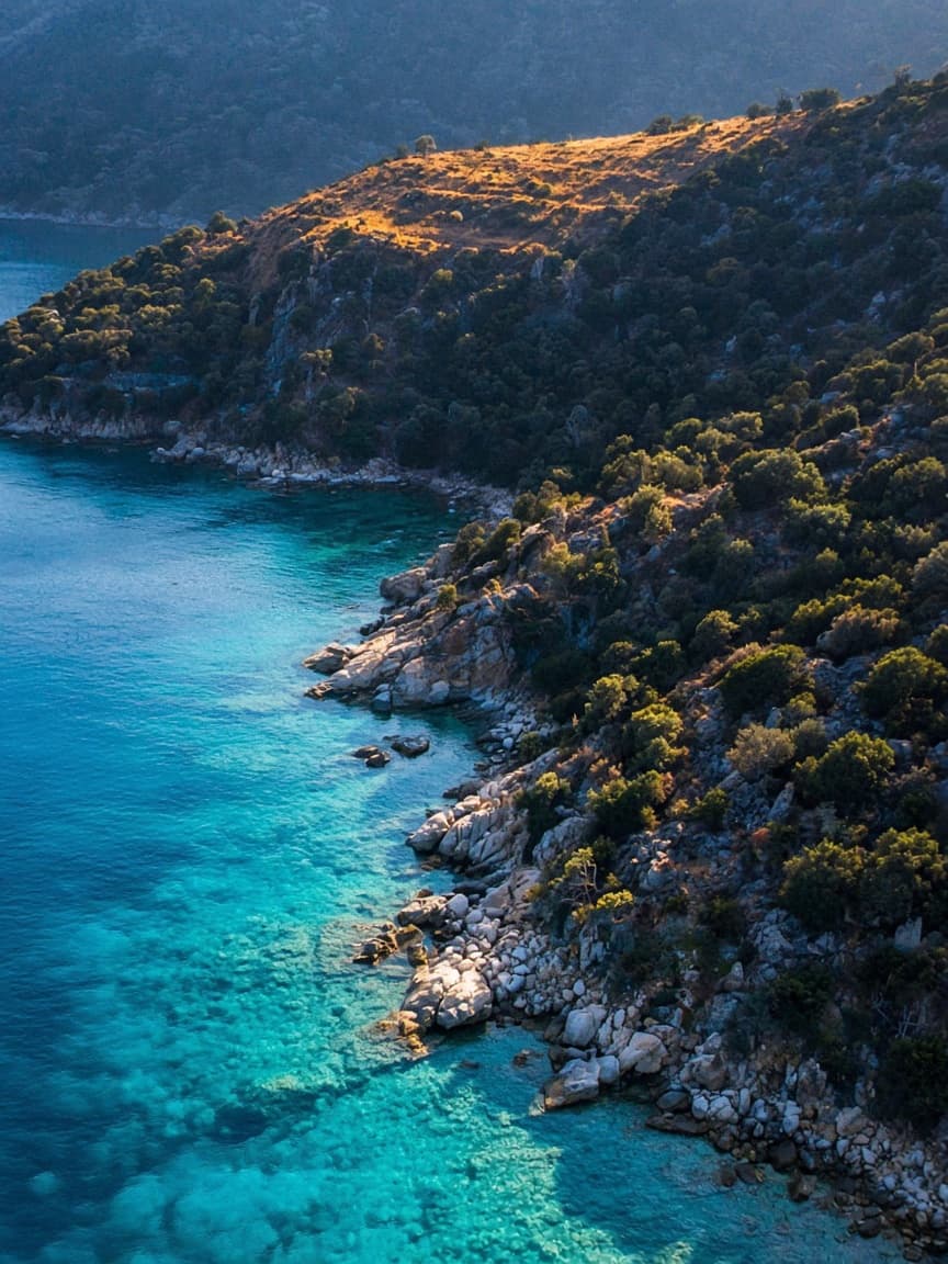 Aerial view of a rocky Aegean coastline with turquoise water and pine-covered hills