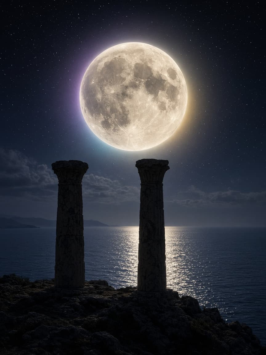 A full moon over the sea, framed by two ancient stone columns