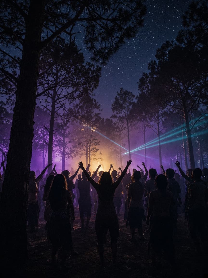 Dancers with raised hands in a pine forest at night, lit by violet haze and cyan lasers