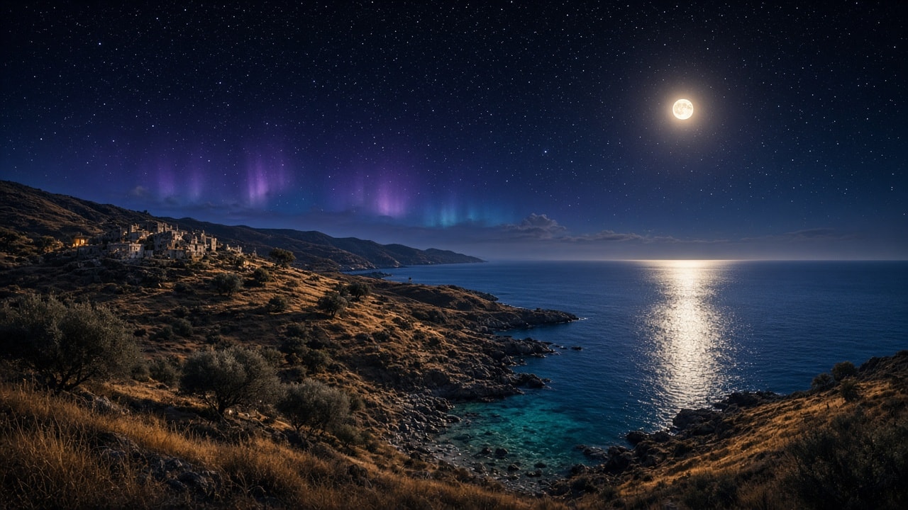 Gökçeada at night: a full moon over the North Aegean, a hillside village and the rocky coast below